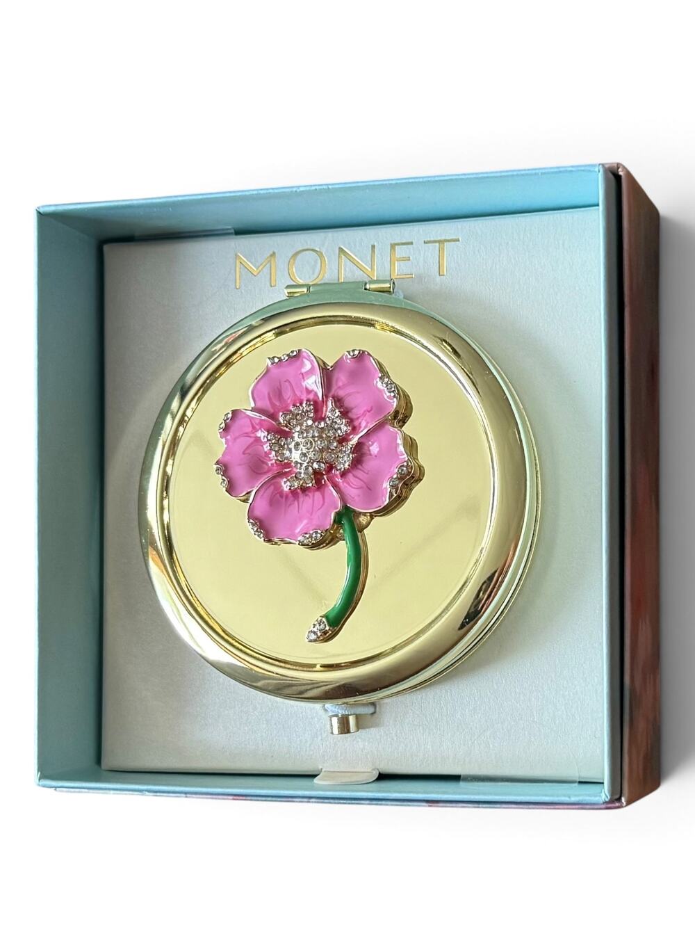 New MONET Pink Flower Compact Mirror Gold Tone Rhinestone Enamel Figural in Box